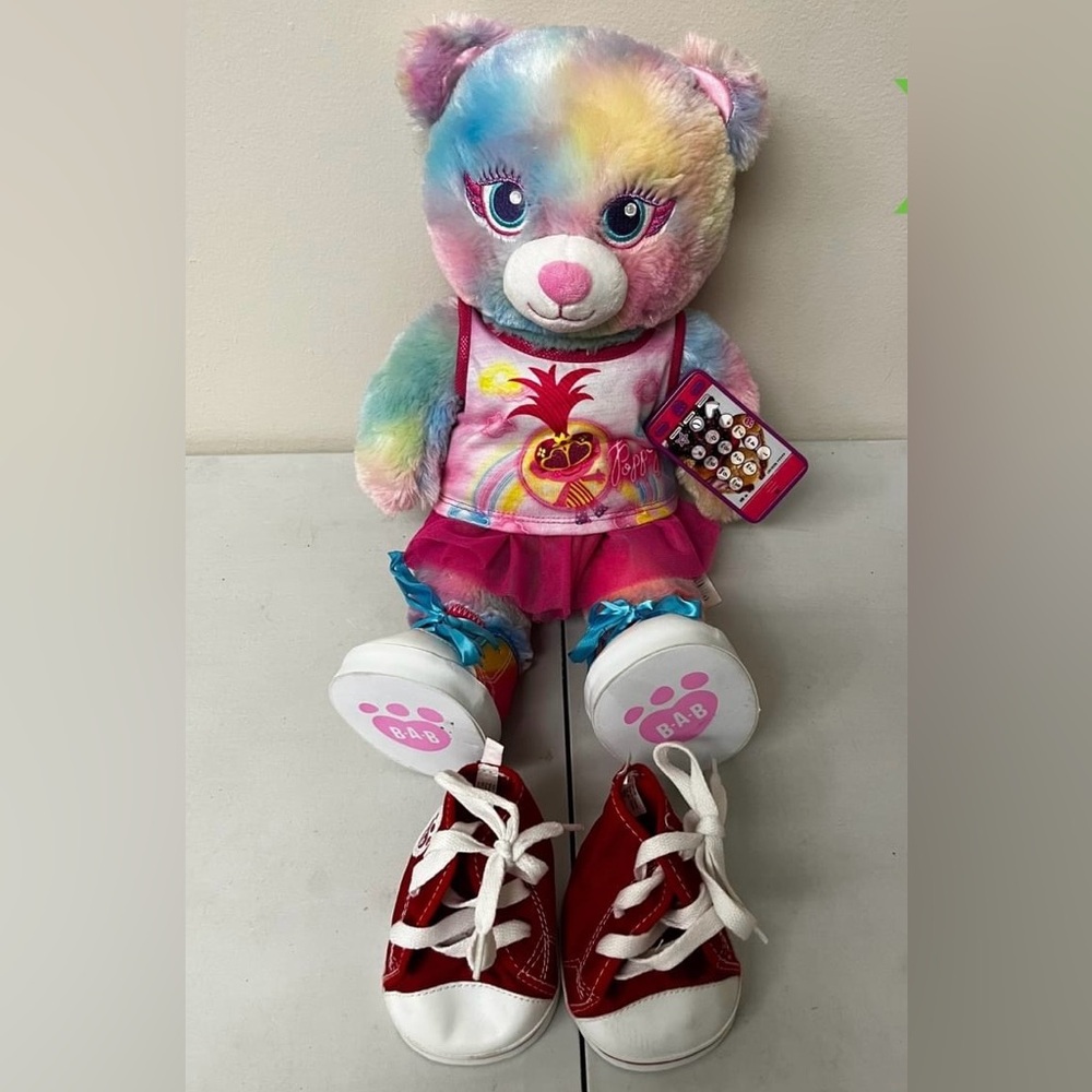 Build a Bear BAB Bear with Trolls clothing, 2 sets of shoes and Play phone